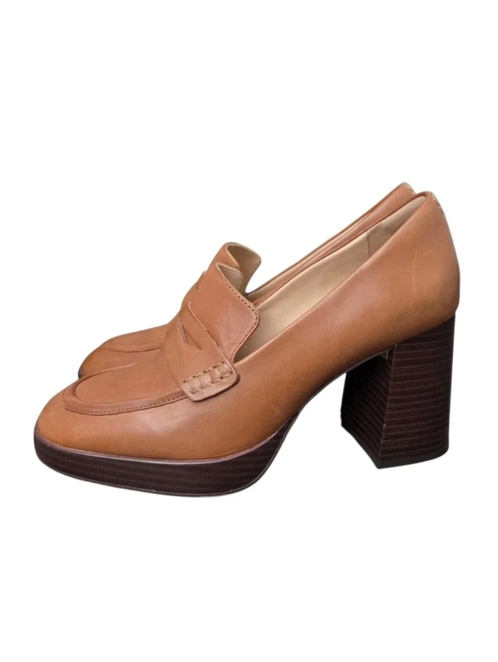Clarks Zoya 85 Tan Leather Chunky Block Heel Penny Loafers Size 9.5 90s Retro